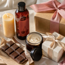 ingepakte cadeaus met badproducten, chocolade en een kaars op een lichte ondergrond