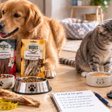 hond en kat krijgen elk een kleine beloningssnack naast hun voerbakken