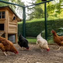 kippen scharrelen in een omheinde ren naast een houten kippenhok