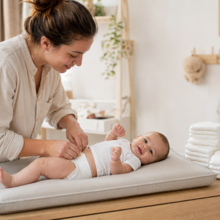 ouder controleert de pasvorm van de luier bij een baby