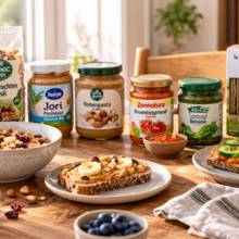 ontbijttafel met havermout, noten, crackers en hartig beleg