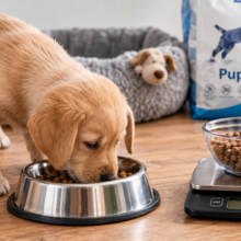 puppy eet uit een voerbak naast een weegschaal met brokken